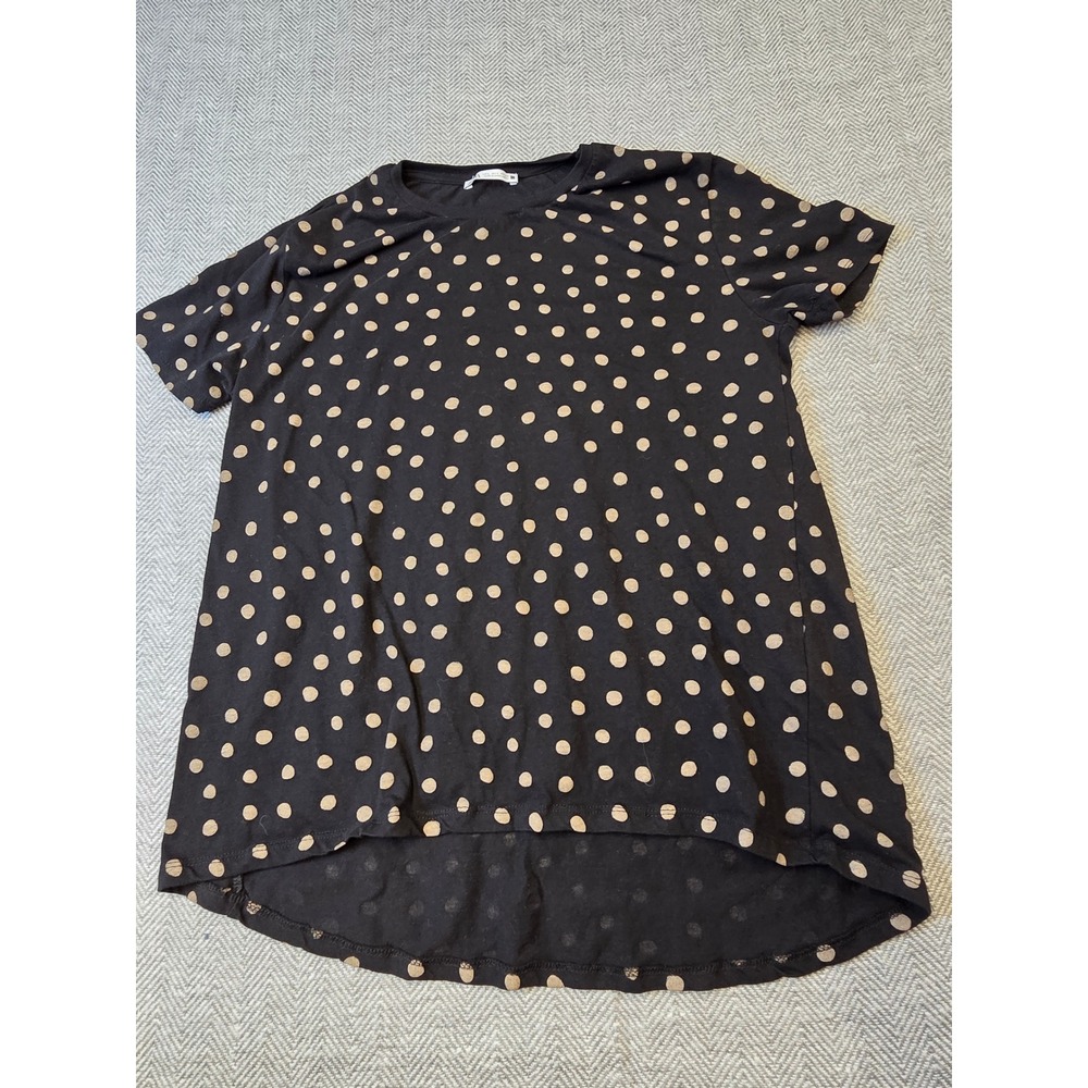 Zara T-Shirt Women's L Black Beige Polka Dot High Low Hem Short Sleeve Crew Neck